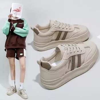 Женские летние кроссовки. Нескользящие кроссовки из дышащей сетки. Кроссовки на платформе со шнуровкой. Массивные повседневные прогулочные туфли. Теннисная спортивная обувь для женщин. 35 бежевый