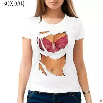 Женские летние крутые футболки, сексуальная перспектива, 3D-сиськи с принтом, женская футболка с короткими рукавами, летние уличные топы с круглым вырезом и узором груди S