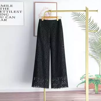 Женские летние кружевные брюки с высокой талией, широкие прямые брюки с драпировкой, однотонные брюки 3XL чёрный