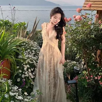 Женские летние кружевные длинные платья с открытой спиной и бретельками S абрикосовый