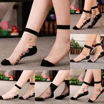 Женские летние кружевные носки с цветочным принтом, короткие тонкие прозрачные дышащие носки One Size чёрный