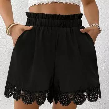 Женские летние кружевные однотонные шорты с высокой талией, повседневные пляжные шорты XL чёрный