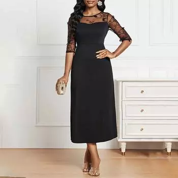 Женские летние кружевные платья миди с круглым вырезом и средними рукавами, прозрачные сетчатые платья S чёрный