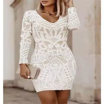 Женские летние кружевные платья с длинными рукавами и V-образным вырезом S белый