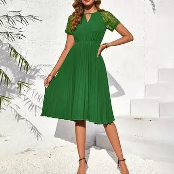 Женские летние кружевные платья со складками и нерегулярной талией с короткими рукавами S зелёный