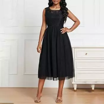 Женские летние кружевные сетчатые прозрачные длинные платья без рукавов с круглым вырезом S чёрный