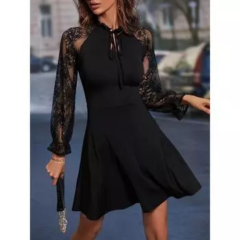 Женские летние кружевные тонкие платья с высокой талией и длинными рукавами S чёрный