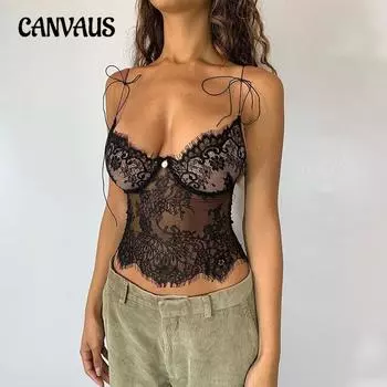 Женские летние кружевные топы-майки с глубоким вырезом и V-образным вырезом S чёрный