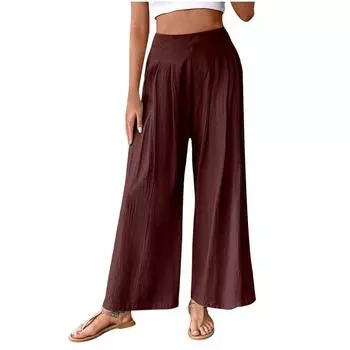 Женские летние льняные брюки с ультра широкими штанинами, длинные брюки с высокой талией и карманами L винный