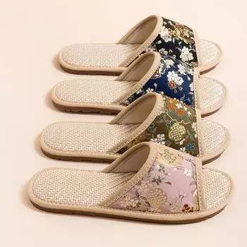 Женские летние льняные тапочки 2024 года — вышитый китайский стиль, нескользящая подошва из коровьей кожи, открытый носок для помещений 38-39 абрикосовый