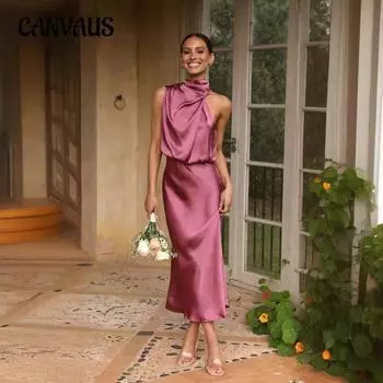 Женские летние легкие платья для зрелого темперамента без рукавов с вырезом-стойкой из однотонного атласа S розы красного