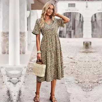 Женские летние летние платья с V-образным вырезом и высокой талией с коротким рукавом и цветочным принтом L зелёный
