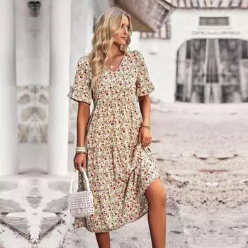 Женские летние летние платья с V-образным вырезом и высокой талией с коротким рукавом и цветочным принтом S королевский синий