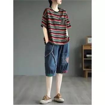 Женские летние литературные винтажные джинсы в стиле пэчворк с необработанными краями, индивидуальный дизайн, многокарманные брюки с пятью штанами 3XL