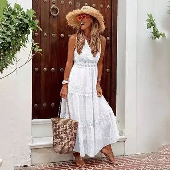 Женские летние лоскутные платья миди без рукавов с глубоким V-образным вырезом S белый