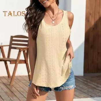 Женские летние майки с круглым вырезом без рукавов, однотонные пуловеры свободного покроя, эластичный топ на бретельках с полым дизайном, уличная одежда M жёлтый