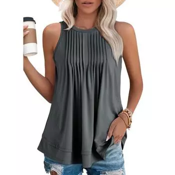 Женские летние майки с круглым вырезом, повседневные плиссированные топы без рукавов, рубашки L