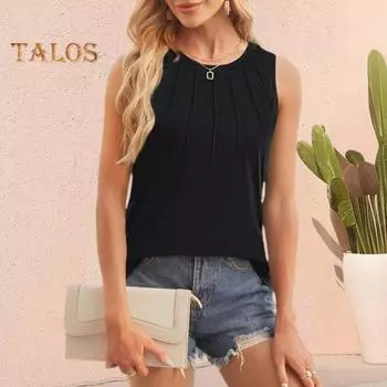 Женские летние майки с круглым вырезом, свободная футболка без рукавов, однотонные плиссированные пуловеры, топы, нижняя рубашка, уличная одежда L чёрный