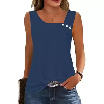 Женские летние майки с квадратным вырезом, без рукавов, на пуговицах, повседневные, нарядные туники, базовые, для работы, футболки, блузки S тёмно-синий
