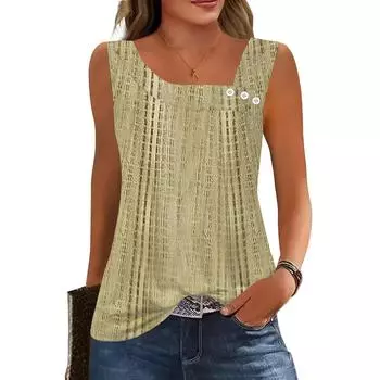 Женские летние майки с квадратным вырезом, без рукавов, на пуговицах, повседневные, нарядные туники, базовые, для работы, футболки, блузки L хаки