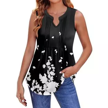 Женские летние майки с V-образным вырезом и принтом, повседневные майки для женщин, свободные рубашки-туники без рукавов L чёрный