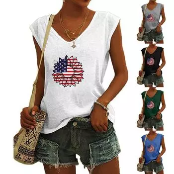 Женские летние майки с v-образным вырезом и короткими рукавами, футболки с принтом ко Дню независимости, топы M чёрный