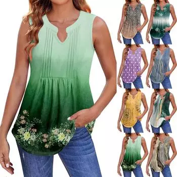 Женские летние майки с V-образным вырезом и принтом, повседневные майки для женщин, свободные рубашки-туники без рукавов L армия зеленый