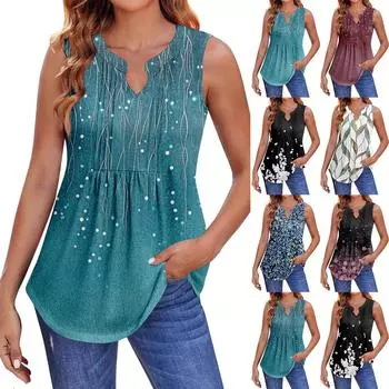 Женские летние майки с V-образным вырезом и принтом, повседневные майки для женщин, свободные рубашки-туники без рукавов L чёрный