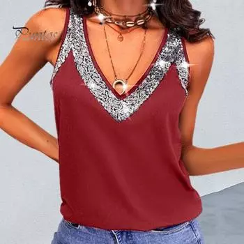 Женские летние майки с v-образным вырезом без рукавов, свободный жилет, топ, блестящий декор с блестками, эластичная повседневная блузка, уличная одежда M синий