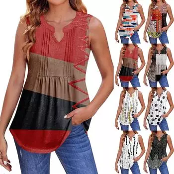 Женские летние майки с V-образным вырезом и принтом, повседневные майки для женщин, свободные рубашки-туники без рукавов L чёрный