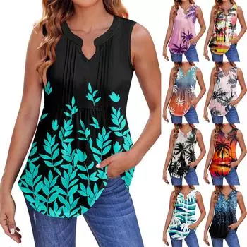Женские летние майки с V-образным вырезом и принтом, повседневные майки для женщин, свободные рубашки-туники без рукавов L чёрный