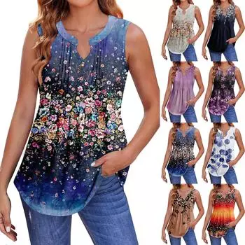 Женские летние майки с V-образным вырезом и принтом, повседневные майки для женщин, свободные рубашки-туники без рукавов L синий