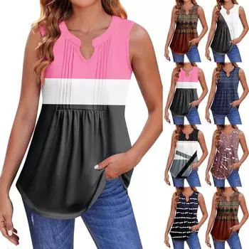 Женские летние майки с V-образным вырезом и принтом, повседневные майки для женщин, свободные рубашки-туники без рукавов L чёрный