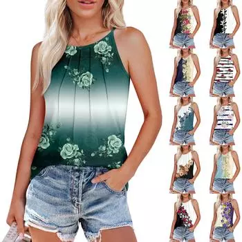 Женские летние майки-топы с плиссировкой и принтом O-образного выреза, повседневные майки-топы для женщин, свободные рубашки без рукавов L чёрный