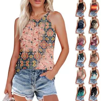 Женские летние майки-топы с плиссировкой и принтом O-образного выреза, повседневные майки-топы для женщин, свободные рубашки без рукавов L чёрный