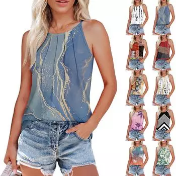 Женские летние майки-топы с плиссировкой и принтом O-образного выреза, повседневные майки-топы для женщин, свободные рубашки без рукавов L чёрный