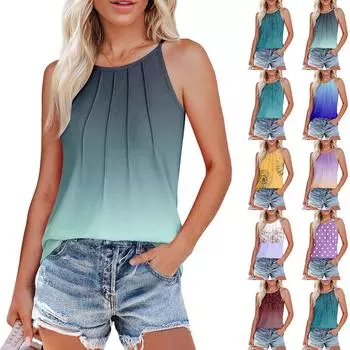 Женские летние майки-топы с плиссировкой и принтом O-образного выреза, повседневные майки-топы для женщин, свободные рубашки без рукавов L синий
