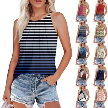 Женские летние майки-топы с плиссировкой и принтом O-образного выреза, повседневные майки-топы для женщин, свободные рубашки без рукавов L