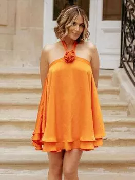 Женские летние мини-платья с цветочным принтом на шее, однотонные, без рукавов, с открытой спиной, с открытыми плечами, женская вечерние пляжная одежда S оранжевый