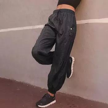 Женские летние многослойные повседневные свободные брюки со складками и карманами S чёрный