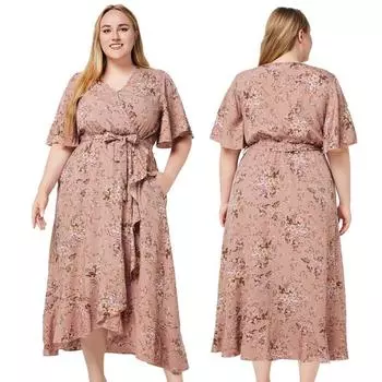 Женские летние модели больших размеров с v-образным вырезом и короткими рукавами, карманными платьями с принтом и оборками 5XL розовый