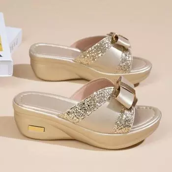 Женские летние модные босоножки на танкетке 2024 с толстой подошвой и ремешком с бантом из пайеток 40