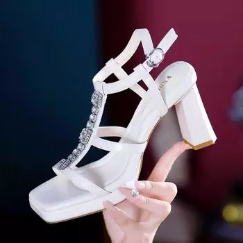 Женские летние модные босоножки на высоком каблуке с квадратной головкой и открытым носком Design Sense Rhinestone 34