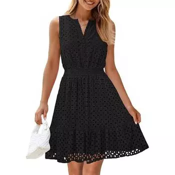 Женские летние модные кружевные однотонные повседневные платья без рукавов с V-образным вырезом L чёрный