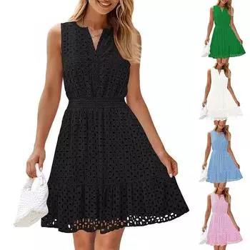 Женские летние модные кружевные однотонные повседневные платья без рукавов с V-образным вырезом M зелёный