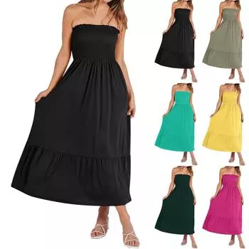 Женские летние модные однотонные платья с открытой спиной, свободные плиссированные платья с карманами XL чёрный