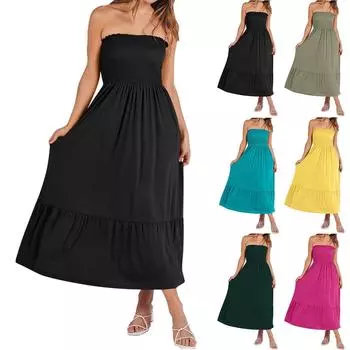 Женские летние модные однотонные платья с открытой спиной, свободные плиссированные платья с карманами XXL