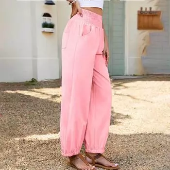 Женские летние модные однотонные повседневные брюки с карманами S розовый