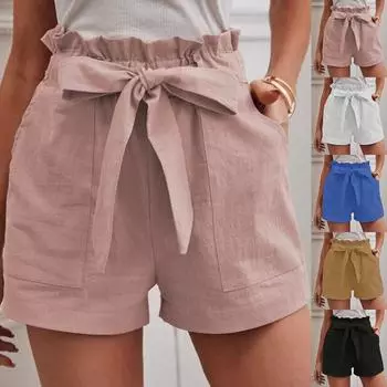 Женские летние модные однотонные широкие брюки с бантом и шортами с карманами XL чёрный