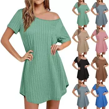 Женские летние модные однотонные трикотажные повседневные платья с короткими рукавами L чёрный